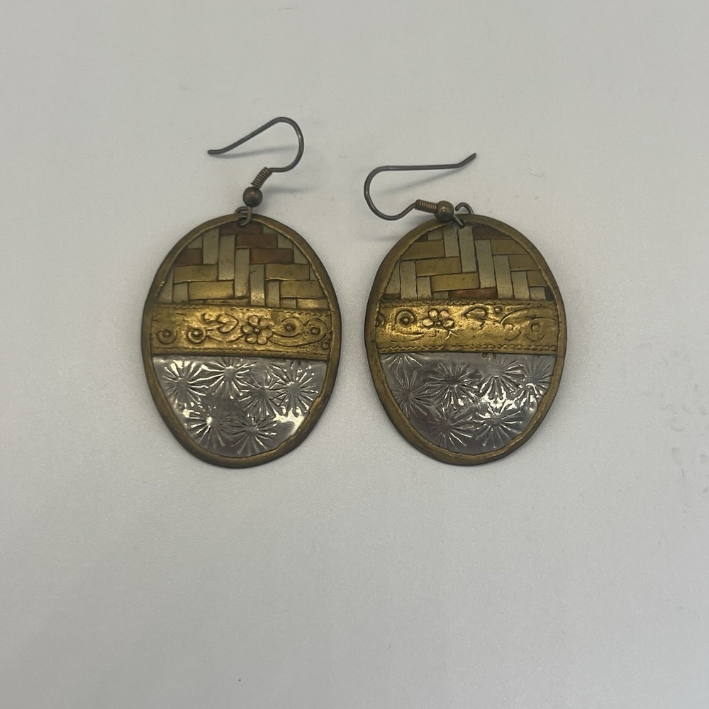 Vtg‎ Boho Hammered Gold Tone Brass Disc Beaded Chandelier Statement Earrings